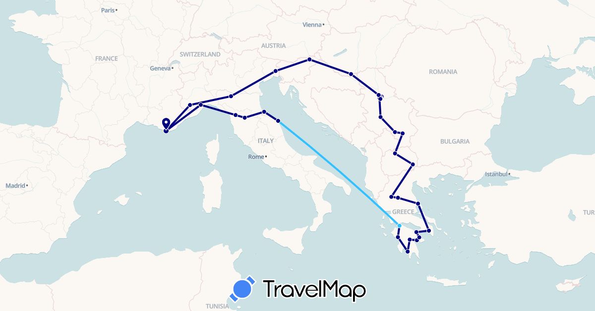 TravelMap itinerary: driving, boat in France, Greece, Hungary, Italy, Macedonia, Serbia, Slovenia (Europe)